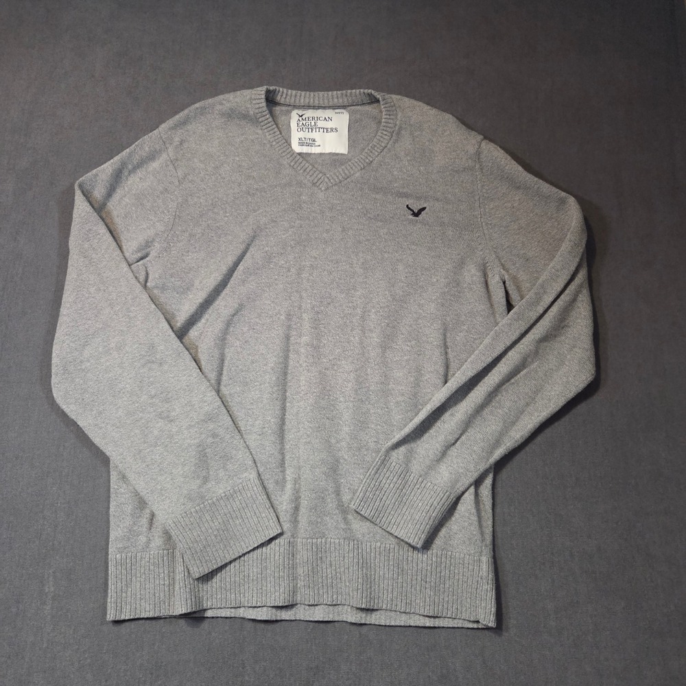 American Eagle V-Neck Sweater Mens XLT Gray Cotton Knit Eagle Logo No77